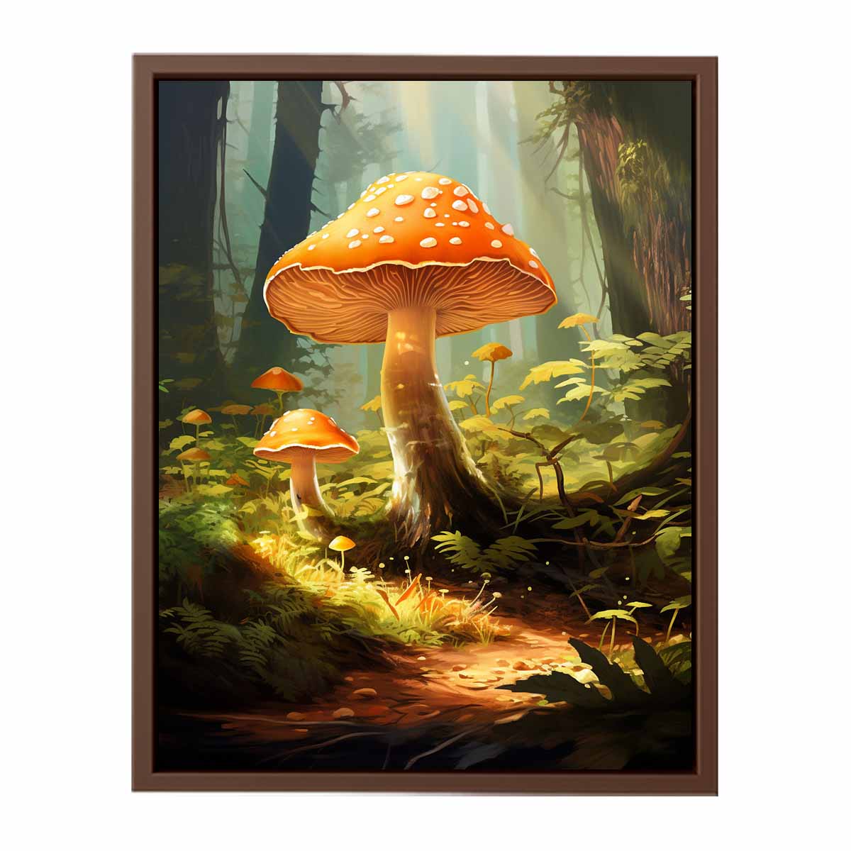 Orange mushroom fantasy canvas art in a misty forest for cozy living room decor.