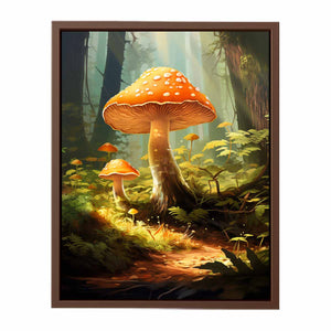 Orange mushroom fantasy canvas art in a misty forest for cozy living room decor.