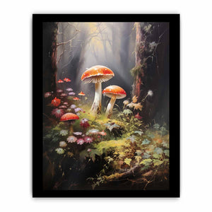 Red mushroom woodland canvas art with wildflowers for soft bedroom or nursery decor.