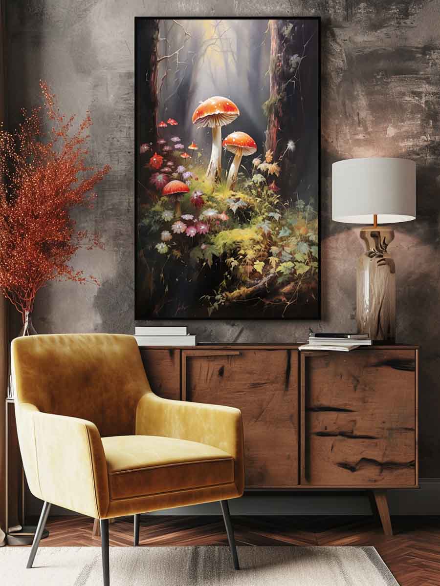 Red mushroom woodland canvas art with wildflowers for soft bedroom or nursery decor.