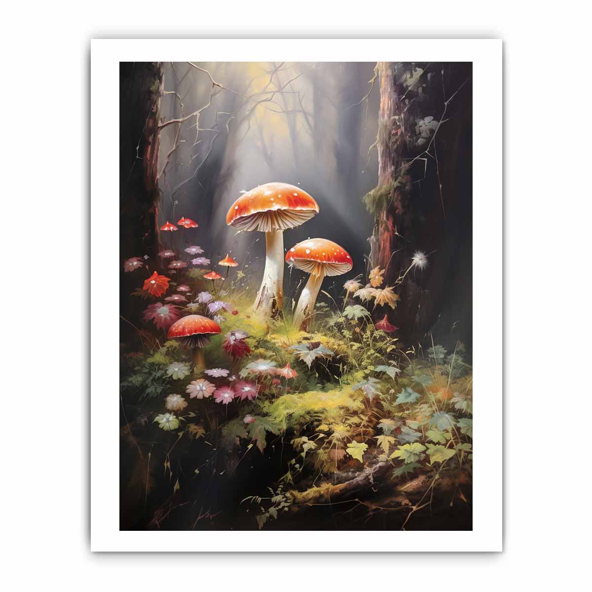 Red mushroom woodland canvas art with wildflowers for soft bedroom or nursery decor.