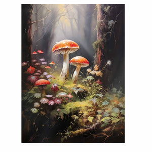 Red mushroom woodland canvas art with wildflowers for soft bedroom or nursery decor.