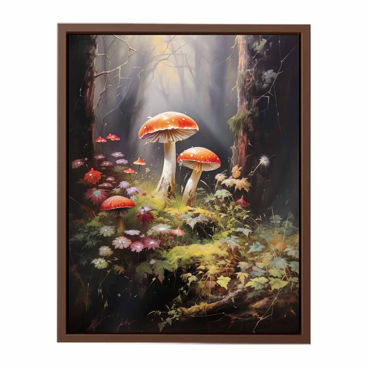 Red mushroom woodland canvas art with wildflowers for soft bedroom or nursery decor.