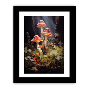 Crimson mushroom fantasy canvas art with forest leaves for eclectic living room decor.