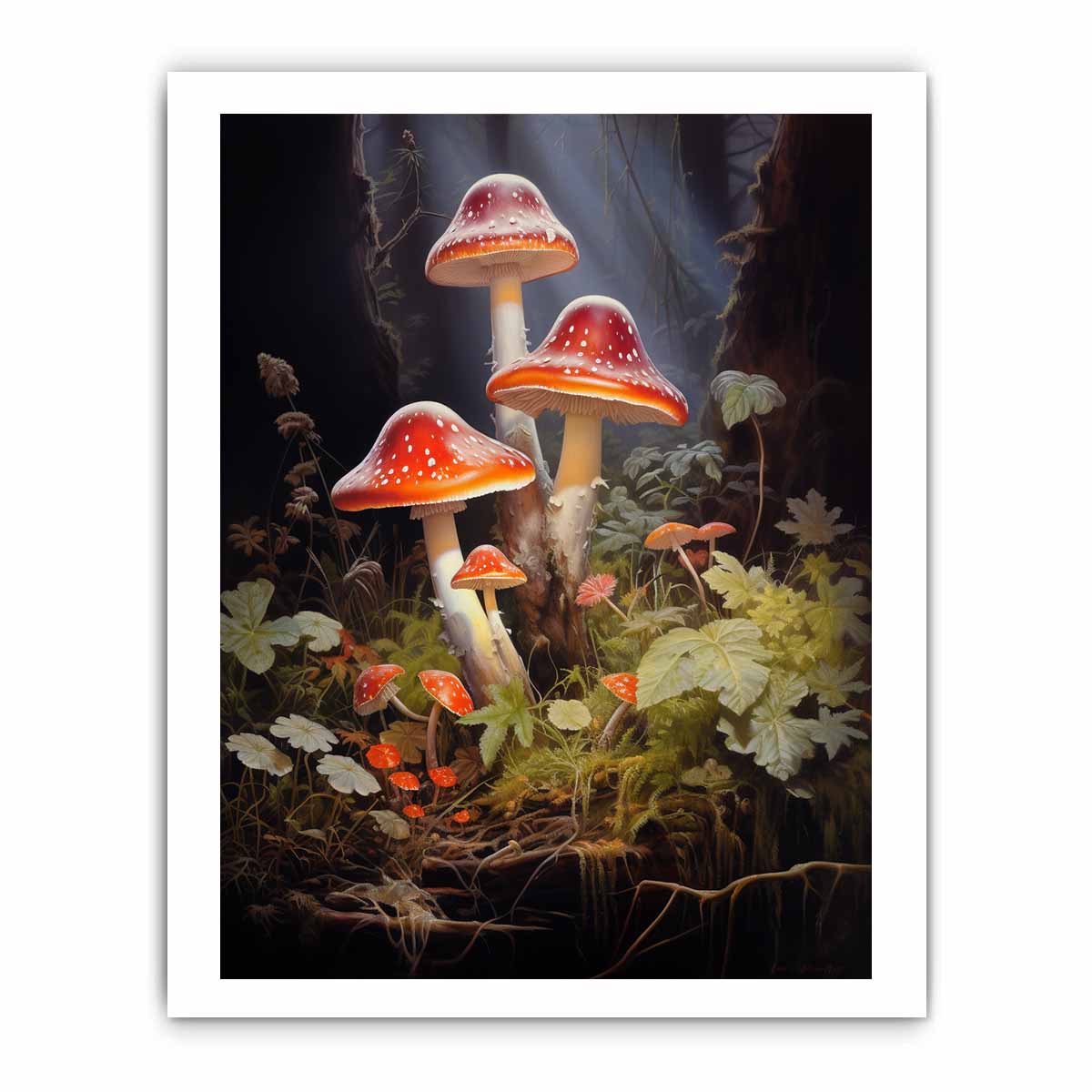 Crimson mushroom fantasy canvas art with forest leaves for eclectic living room decor.