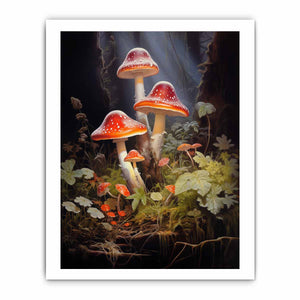 Crimson mushroom fantasy canvas art with forest leaves for eclectic living room decor.