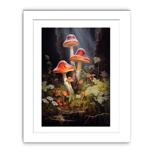 Crimson mushroom fantasy canvas art with forest leaves for eclectic living room decor.