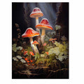 Crimson mushroom fantasy canvas art with forest leaves for eclectic living room decor.