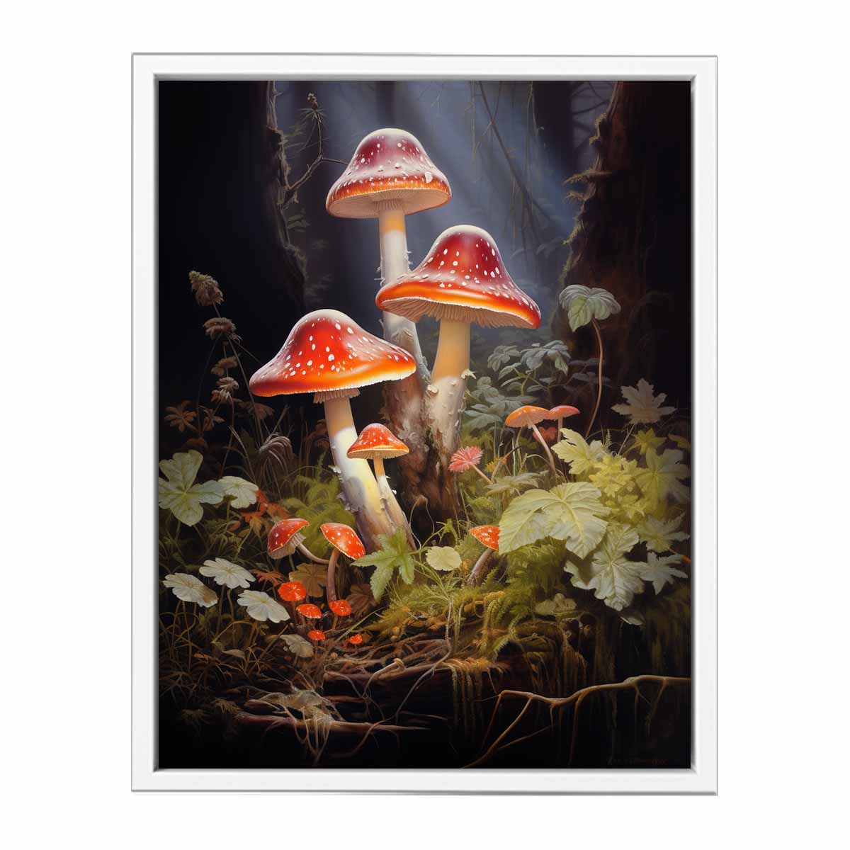 Crimson mushroom fantasy canvas art with forest leaves for eclectic living room decor.