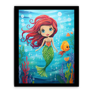 Cute mermaid canvas art with fish and bubbles for kids room or nursery decor.