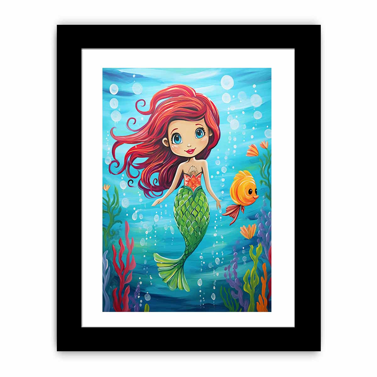 Cute mermaid canvas art with fish and bubbles for kids room or nursery decor.