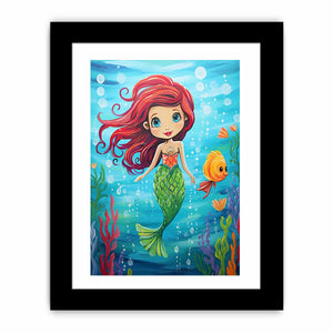 Cute mermaid canvas art with fish and bubbles for kids room or nursery decor.