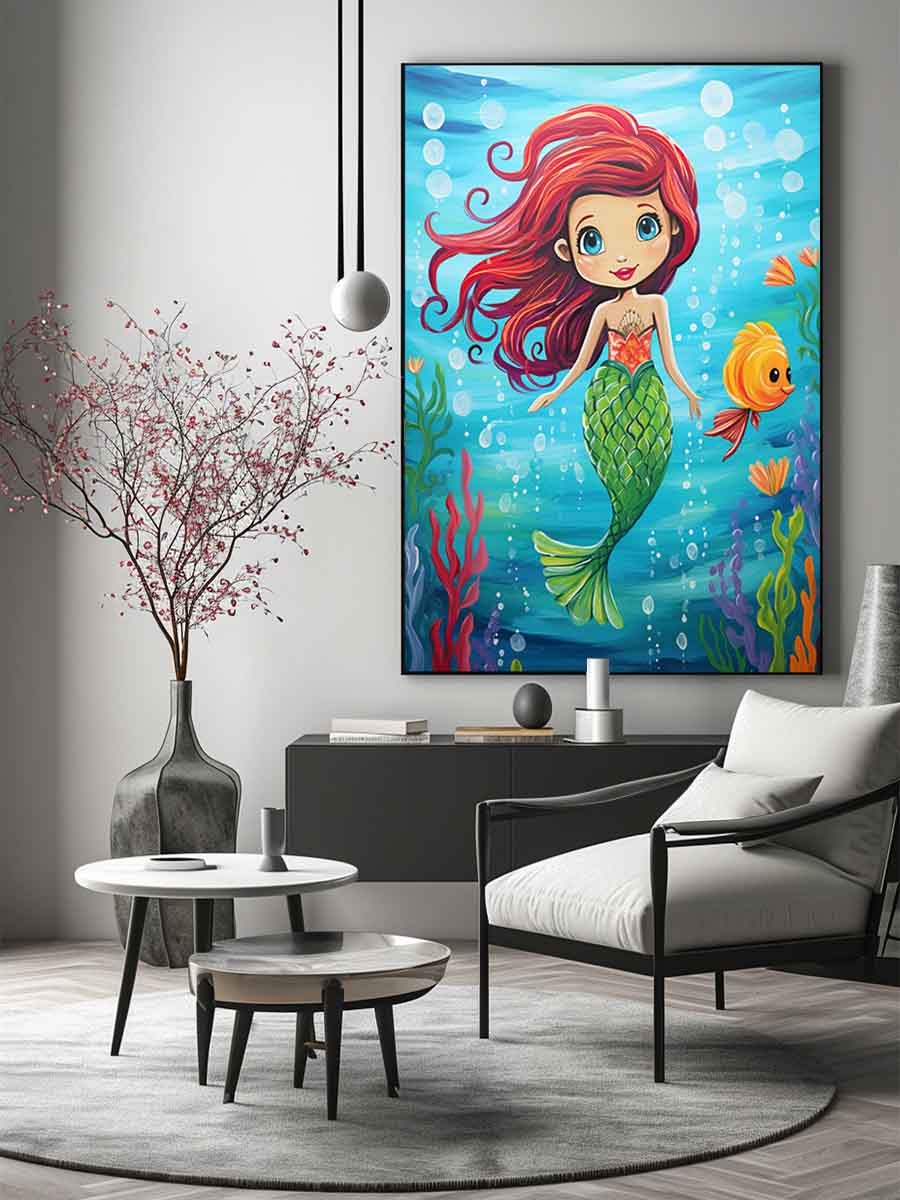Cute mermaid canvas art with fish and bubbles for kids room or nursery decor.