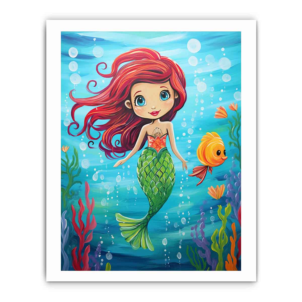 Cute mermaid canvas art with fish and bubbles for kids room or nursery decor.