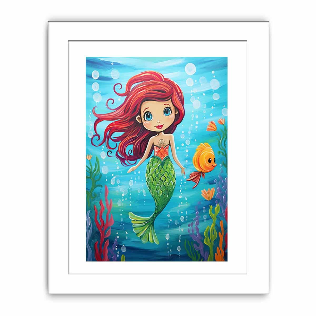 Cute mermaid canvas art with fish and bubbles for kids room or nursery decor.