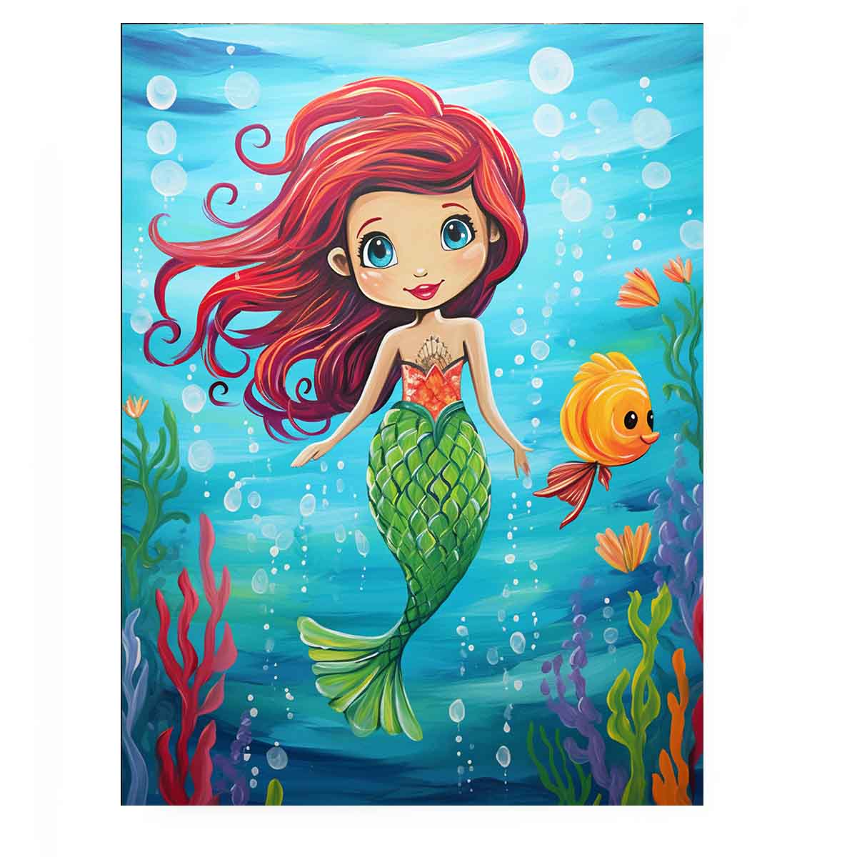 Cute mermaid canvas art with fish and bubbles for kids room or nursery decor.