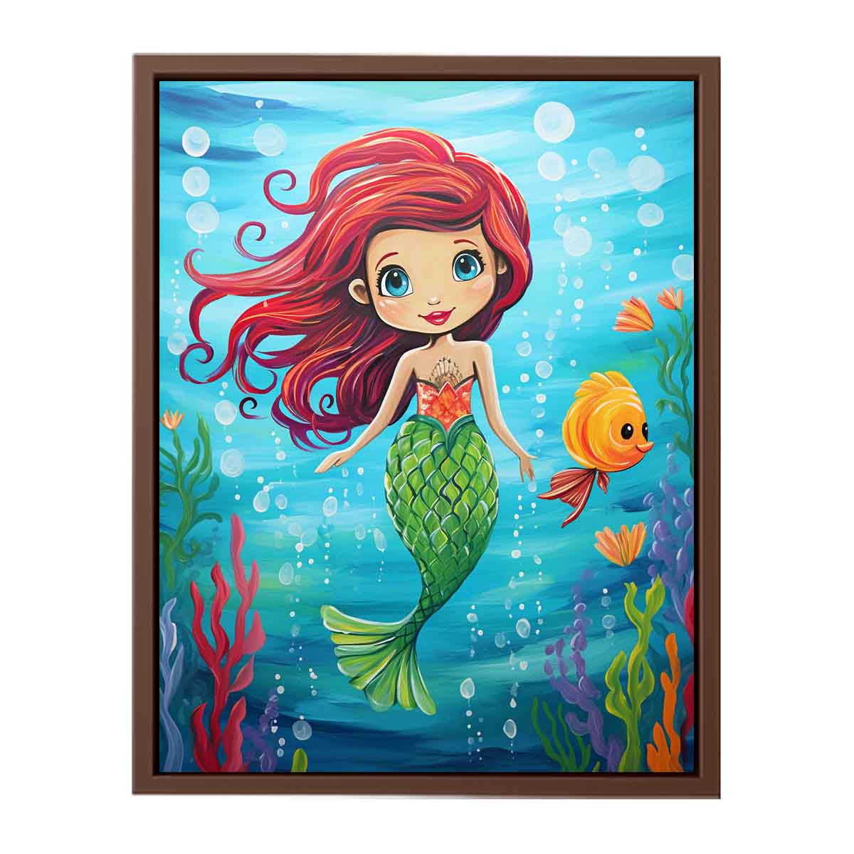 Cute mermaid canvas art with fish and bubbles for kids room or nursery decor.