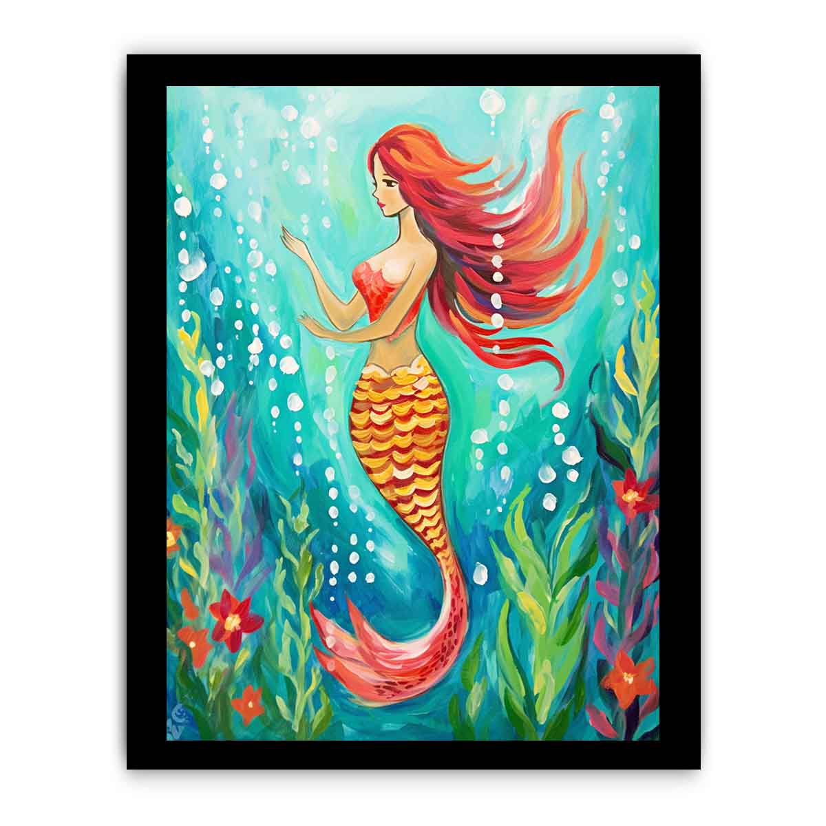 Whimsical mermaid canvas art in teal underwater tones for bathroom or coastal bedroom decor.