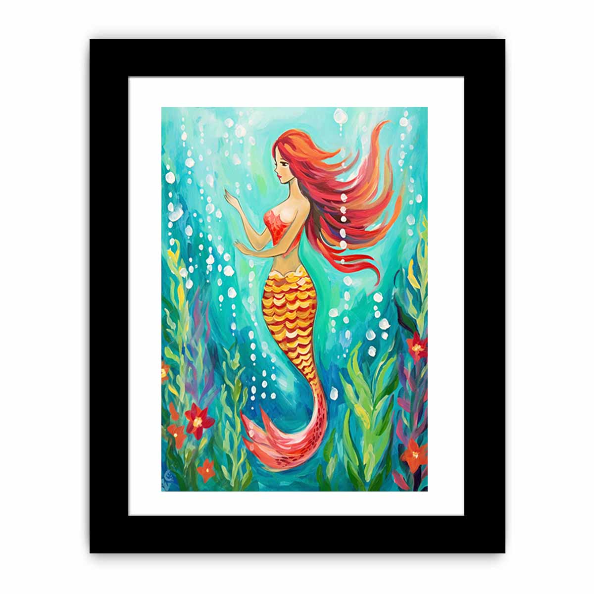 Whimsical mermaid canvas art in teal underwater tones for bathroom or coastal bedroom decor.