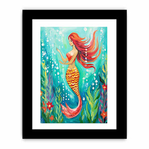 Whimsical mermaid canvas art in teal underwater tones for bathroom or coastal bedroom decor.