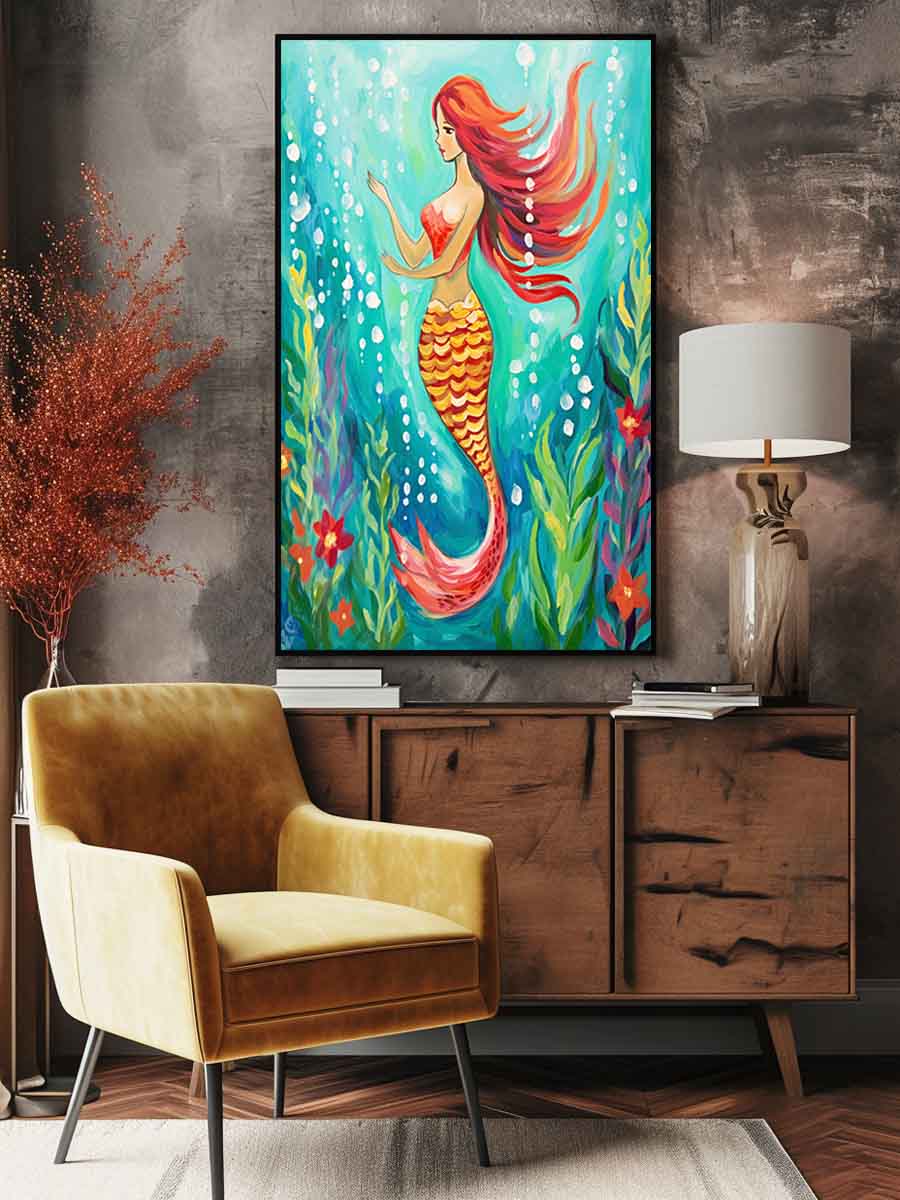 Whimsical mermaid canvas art in teal underwater tones for bathroom or coastal bedroom decor.