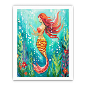 Whimsical mermaid canvas art in teal underwater tones for bathroom or coastal bedroom decor.