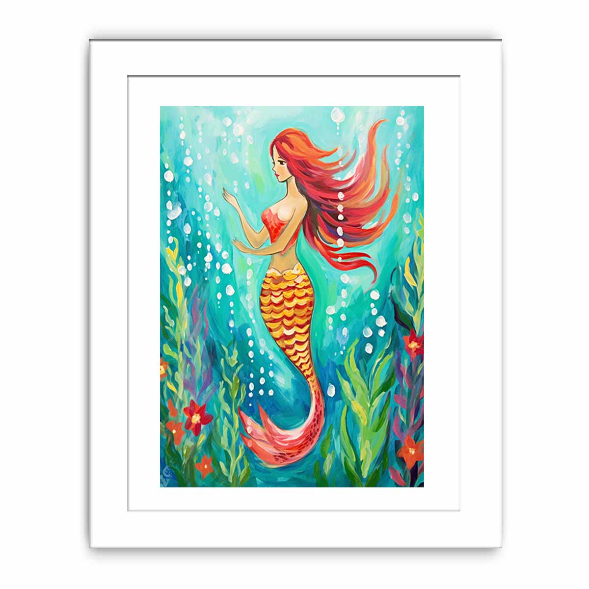 Whimsical mermaid canvas art in teal underwater tones for bathroom or coastal bedroom decor.