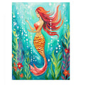 Whimsical mermaid canvas art in teal underwater tones for bathroom or coastal bedroom decor.