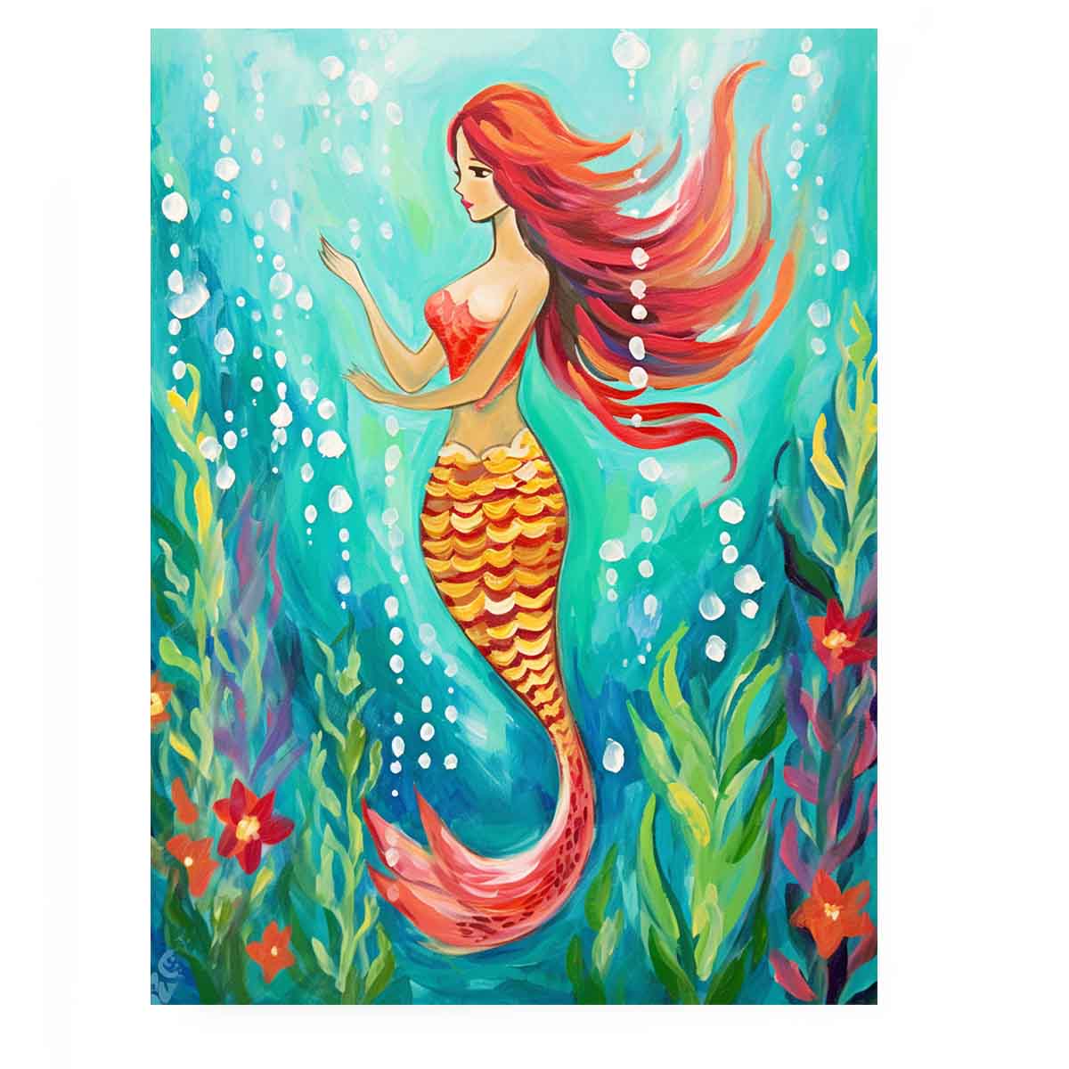 Whimsical mermaid canvas art in teal underwater tones for bathroom or coastal bedroom decor.
