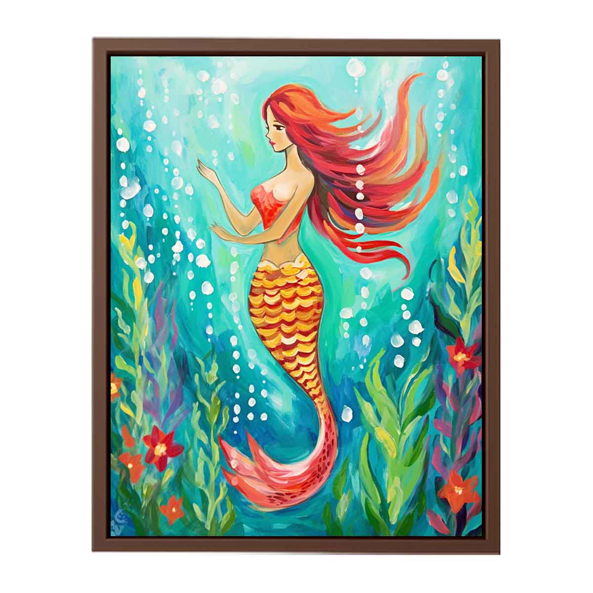 Whimsical mermaid canvas art in teal underwater tones for bathroom or coastal bedroom decor.