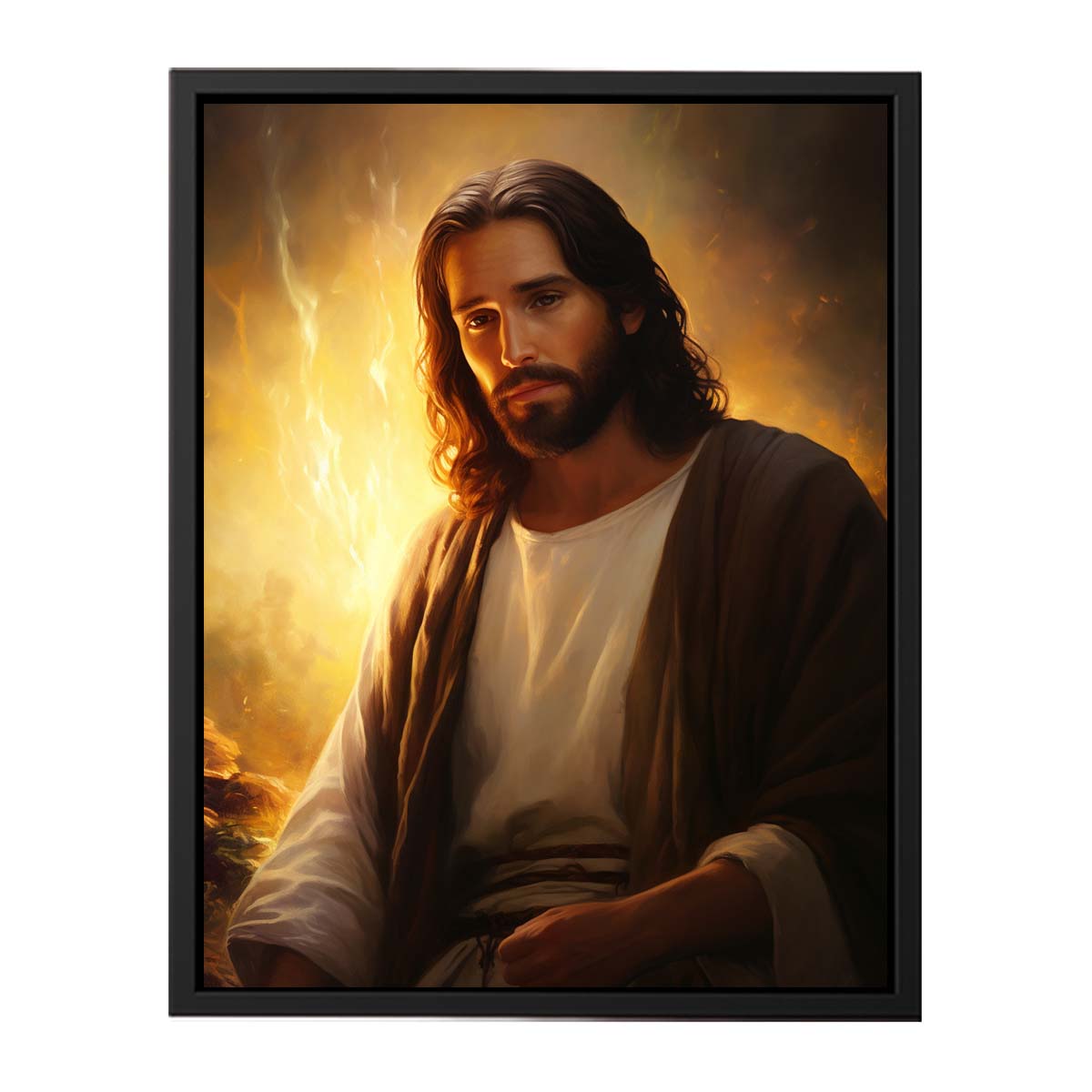Realistic Jesus portrait canvas art with golden light for peaceful living room decor.