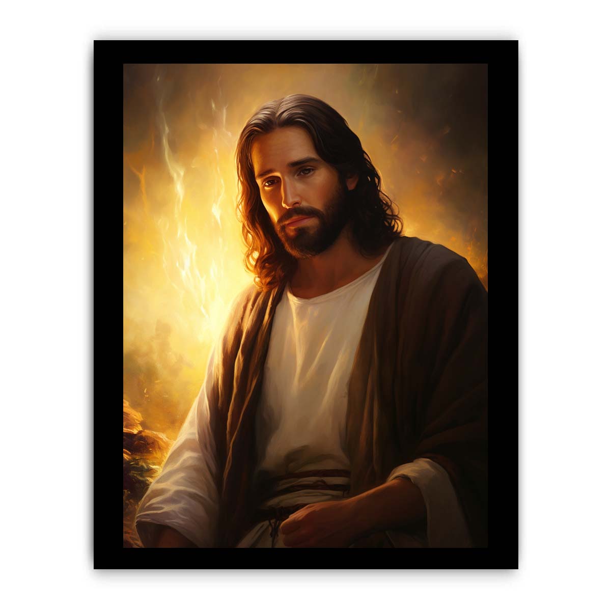 Realistic Jesus portrait canvas art with golden light for peaceful living room decor.