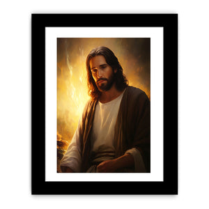 Realistic Jesus portrait canvas art with golden light for peaceful living room decor.