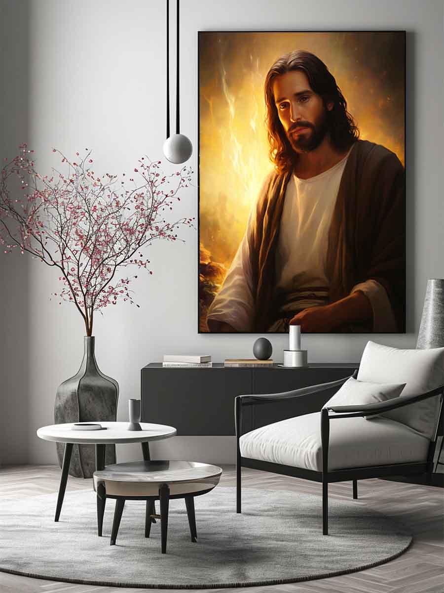 Realistic Jesus portrait canvas art with golden light for peaceful living room decor.