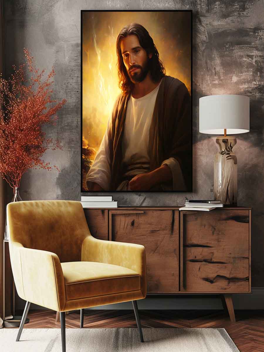 Realistic Jesus portrait canvas art with golden light for peaceful living room decor.