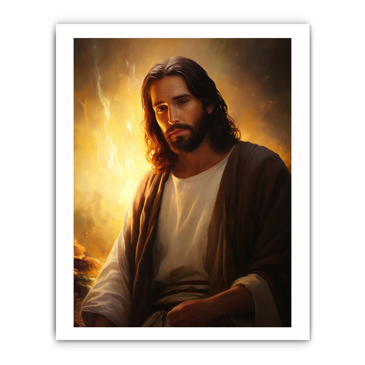 Realistic Jesus portrait canvas art with golden light for peaceful living room decor.