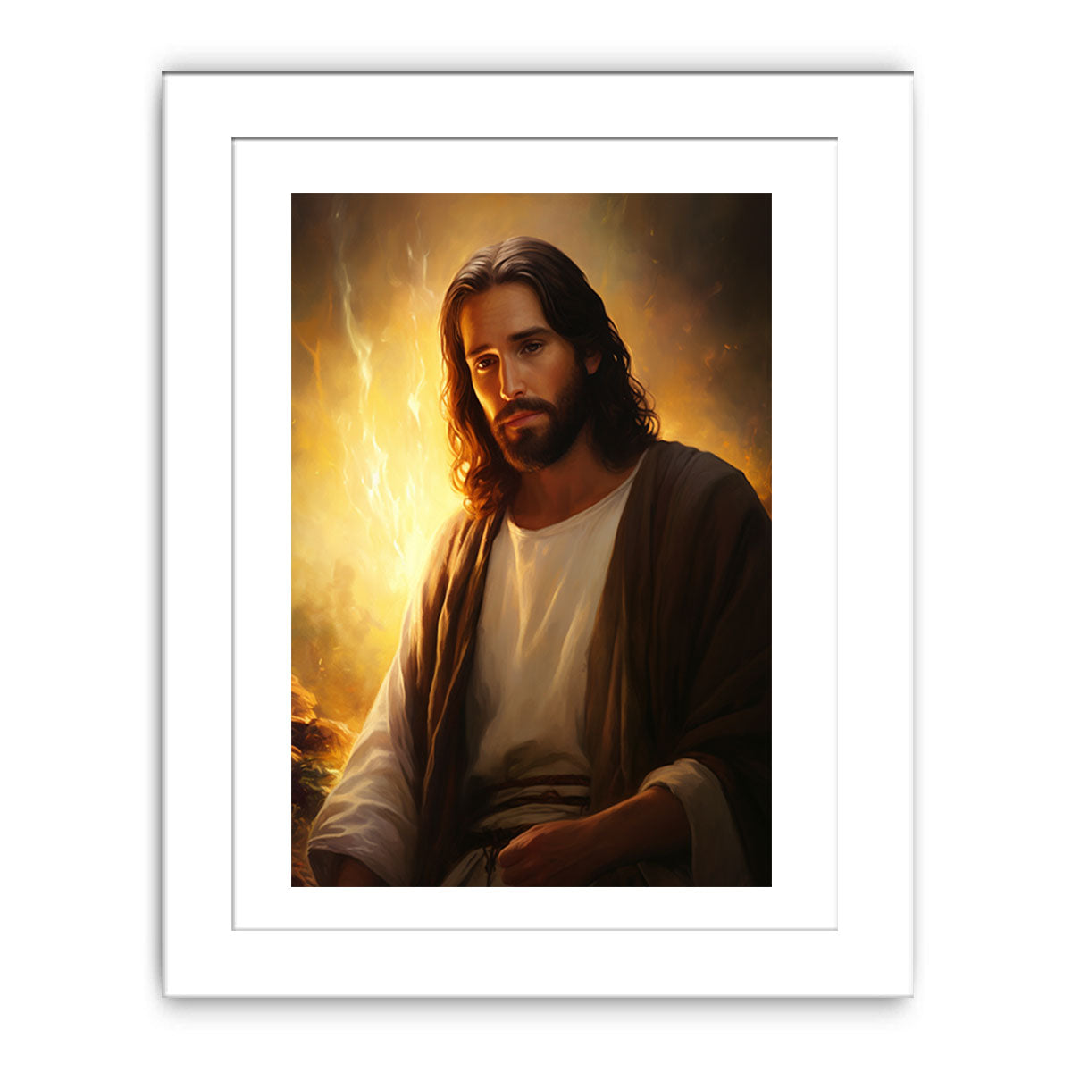 Realistic Jesus portrait canvas art with golden light for peaceful living room decor.