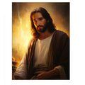 Realistic Jesus portrait canvas art with golden light for peaceful living room decor.