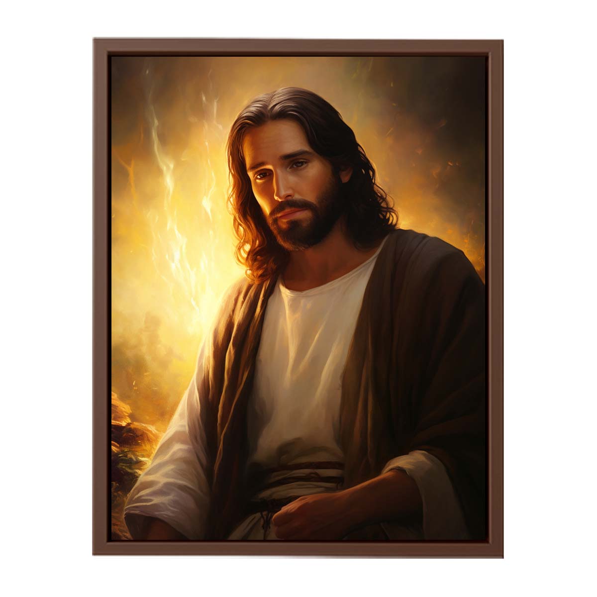 Realistic Jesus portrait canvas art with golden light for peaceful living room decor.