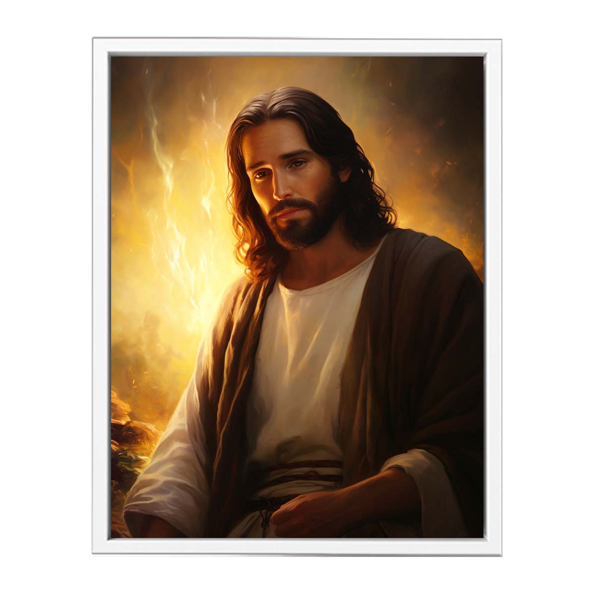 Realistic Jesus portrait canvas art with golden light for peaceful living room decor.