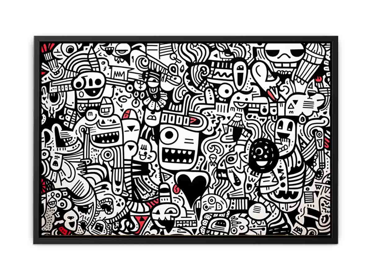 Black and white doodle canvas art with red accents for creative office or teen room decor.