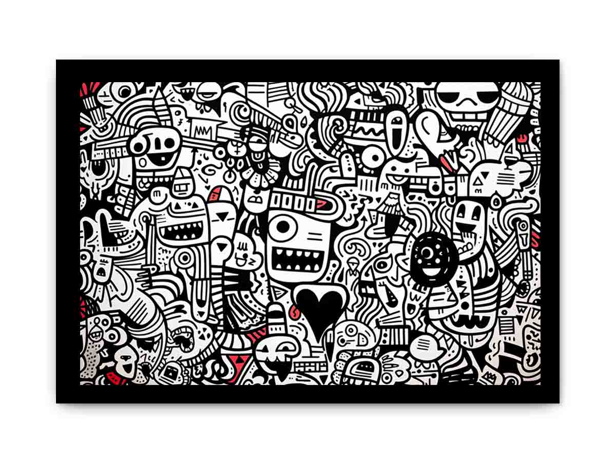 Black and white doodle canvas art with red accents for creative office or teen room decor.