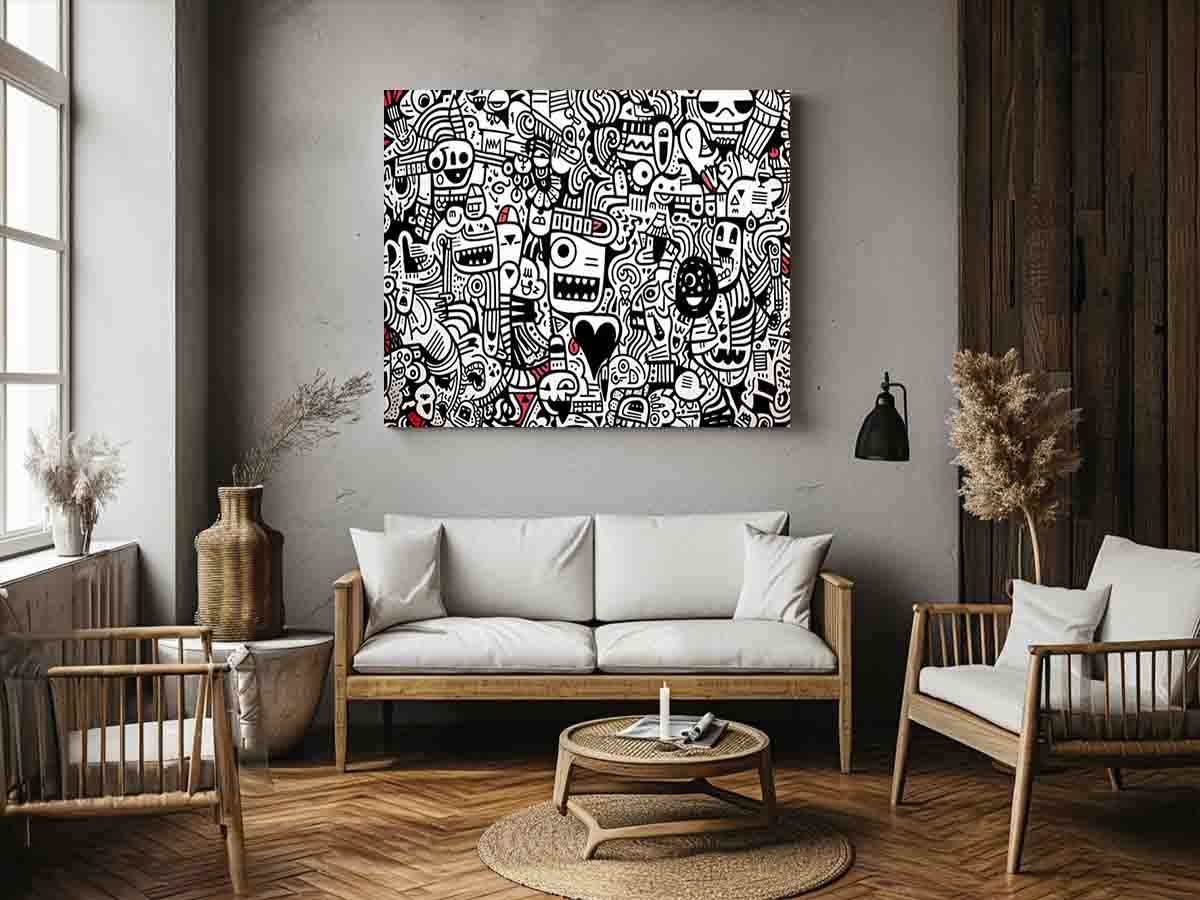 Black and white doodle canvas art with red accents for creative office or teen room decor.