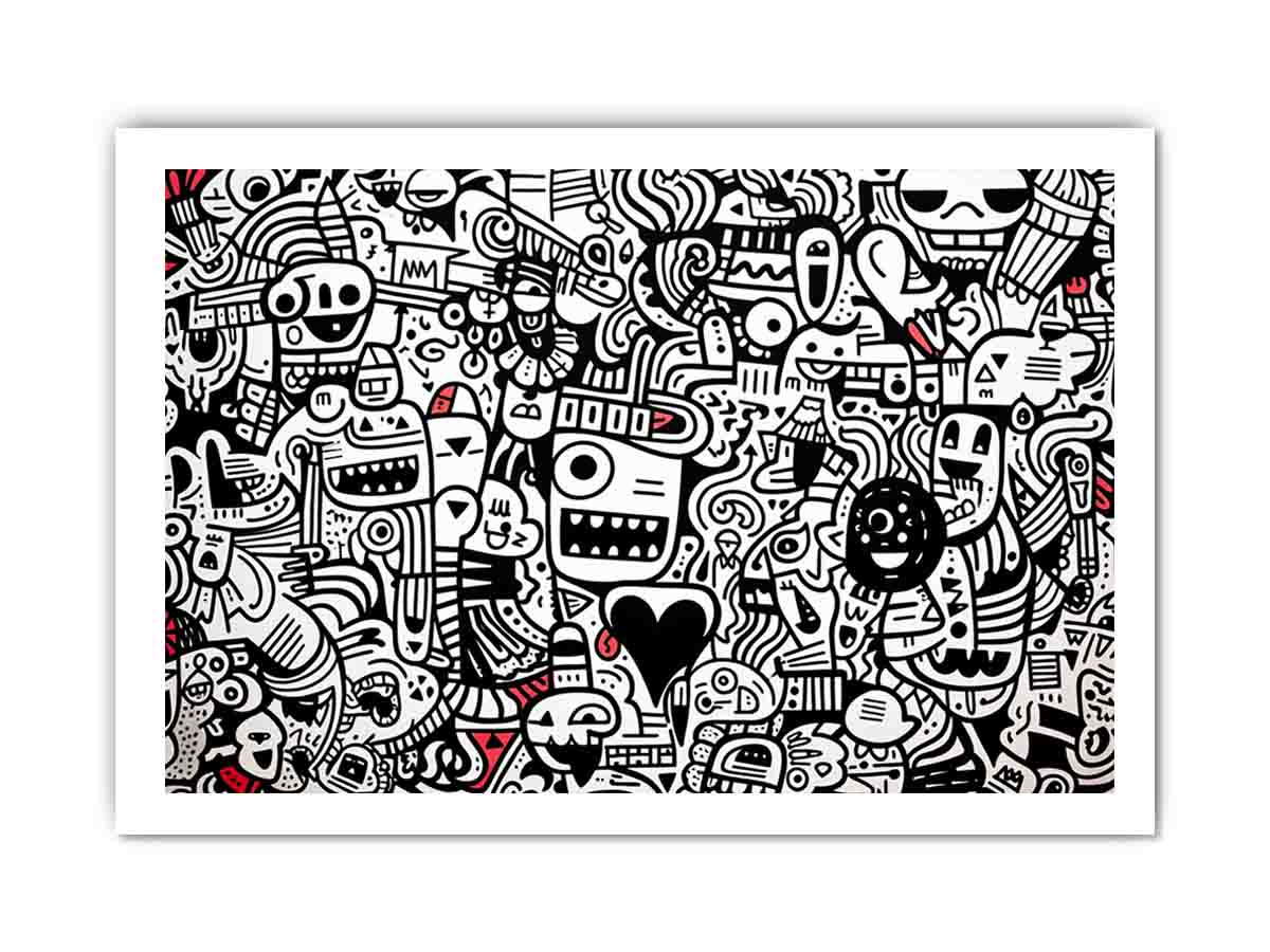 Black and white doodle canvas art with red accents for creative office or teen room decor.