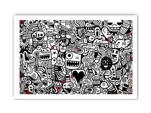 Black and white doodle canvas art with red accents for creative office or teen room decor.