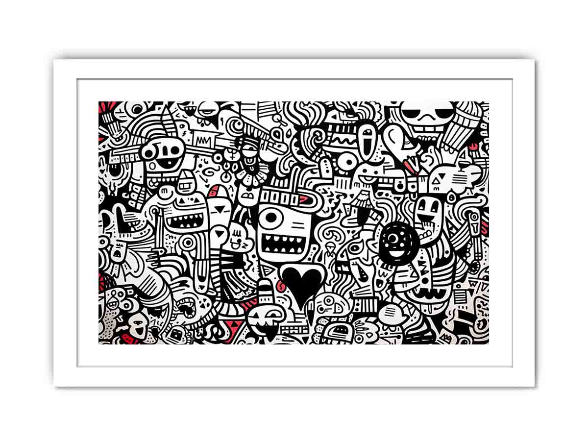 Black and white doodle canvas art with red accents for creative office or teen room decor.