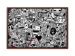 Black and white doodle canvas art with red accents for creative office or teen room decor.