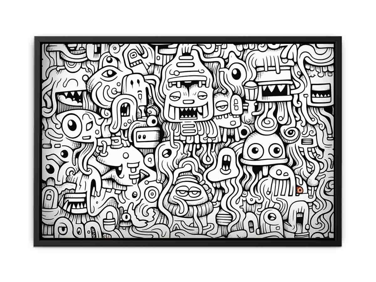 Black and white monster doodle canvas art for kids room, office, or creative studio decor.