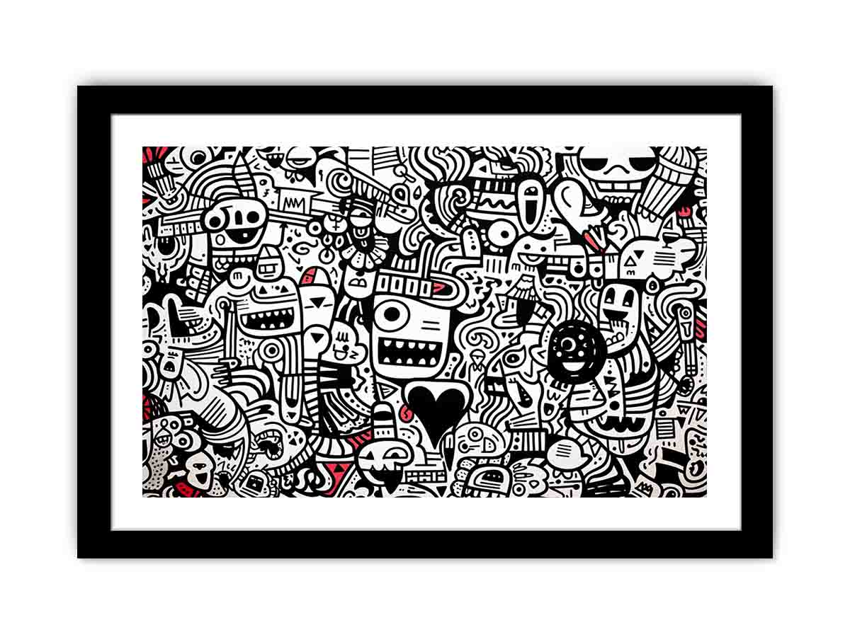 Black and white monster doodle canvas art for kids room, office, or creative studio decor.