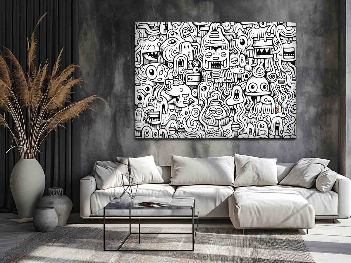 Black and white monster doodle canvas art for kids room, office, or creative studio decor.